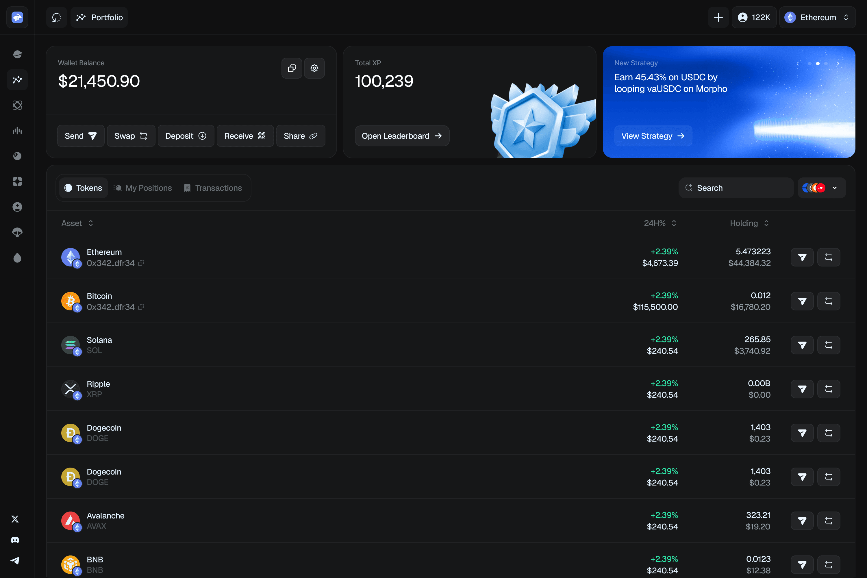 Unified Odyssey portfolio dashboard showing assets, wallet balance and strategies